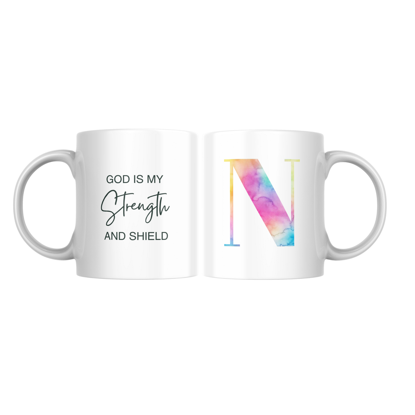A sublimated mug with an initial on one side and scripture on the other