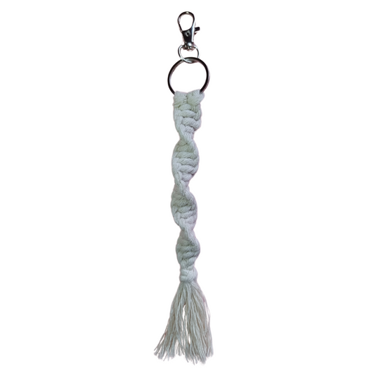 Neutral cream macramé keyring or bag tag made from cotton cord with a spiral knot design or double helix measuring 21cm in length – handcrafted and minimalist.