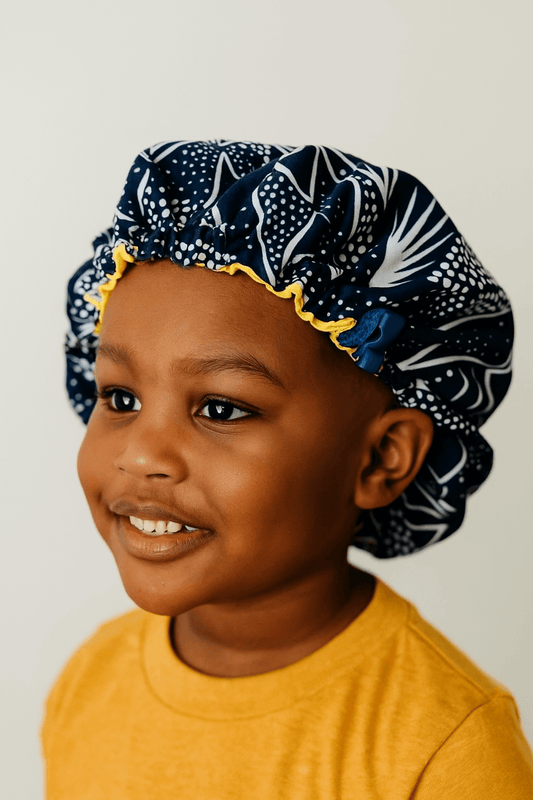 Child wearing a Goddess Creativity patterned bonnet against a plain background